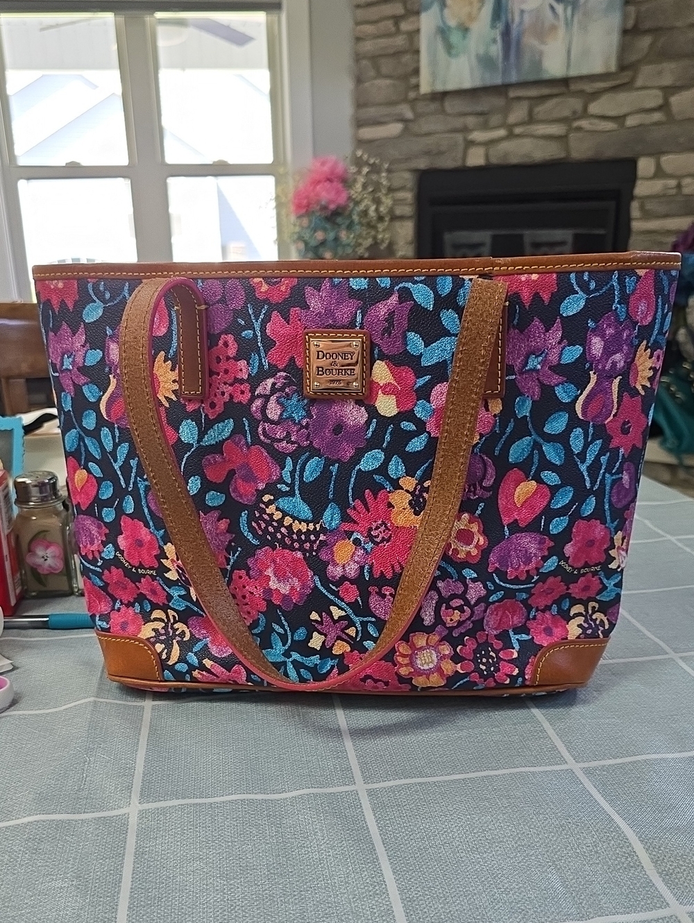 Dooney & Bourke Navy Floral Tote with Pink, Blue & Purple